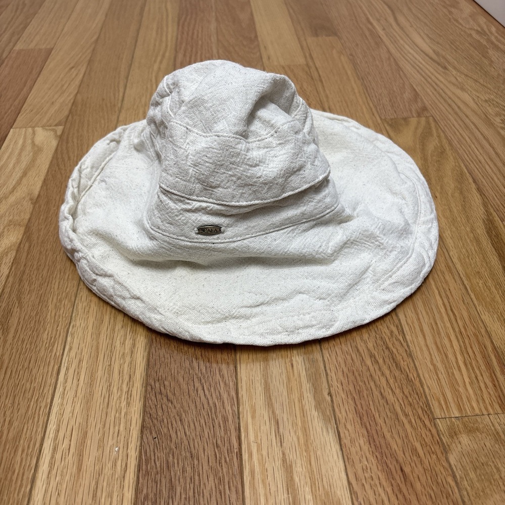 Scala Collezione Sunhat‎ Beige White Linen Bucket Floppy Cap